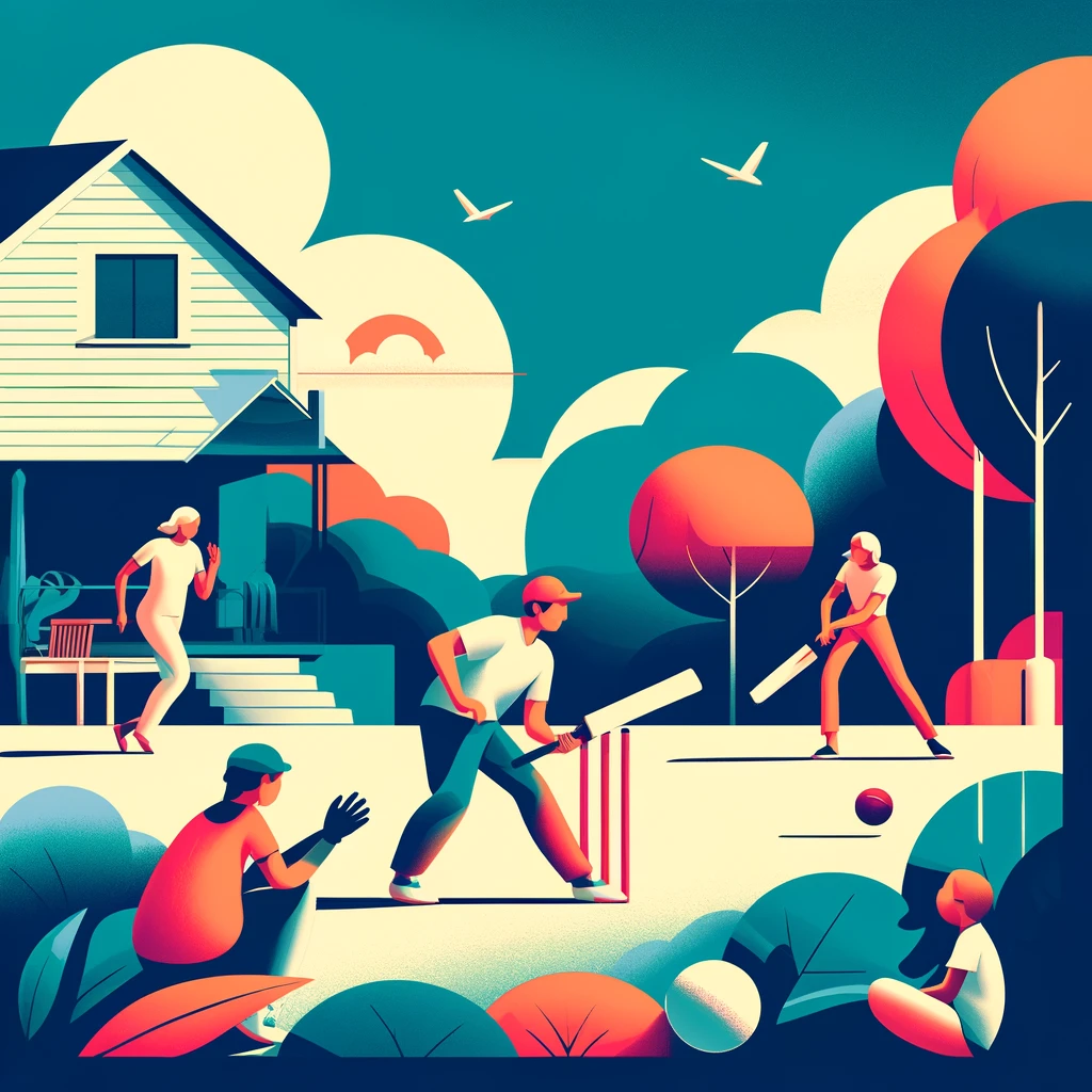 A family playing cricket on a lawn with a wheelie bin as the stumps.