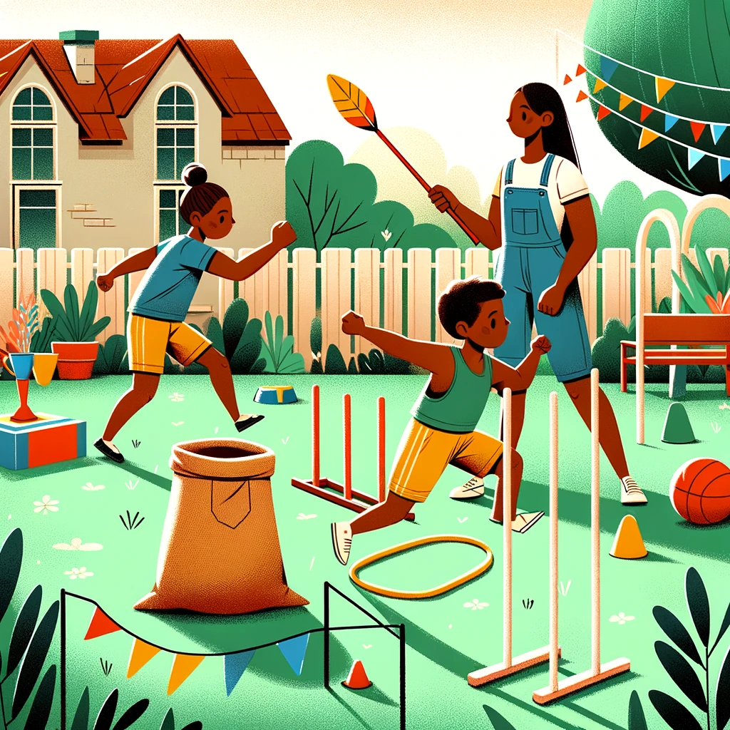 Children racing across a garden with homemade flags and a finish line.