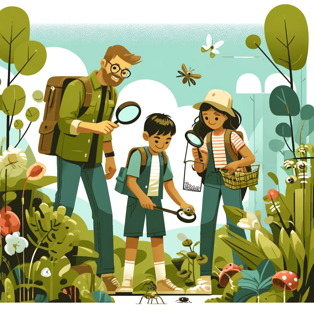 Children examining a beetle in a magnifying pot beside a lifted log.