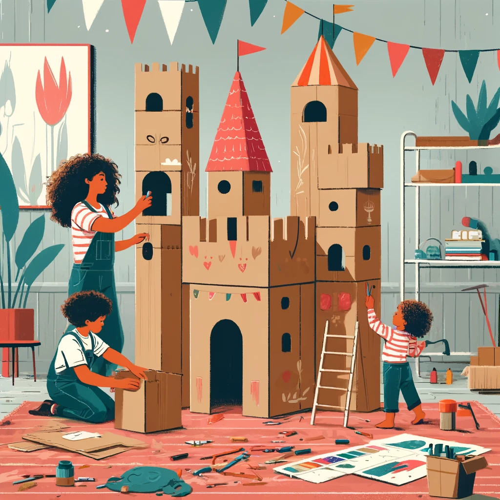 Children decorating a large cardboard castle with towers and a drawbridge.