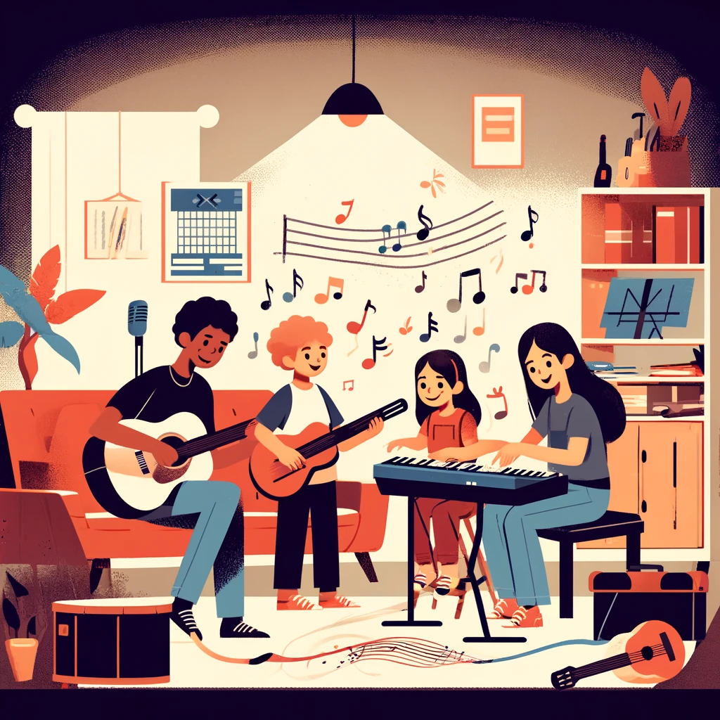 A family singing around a lyric sheet with wooden spoon percussion in the kitchen.