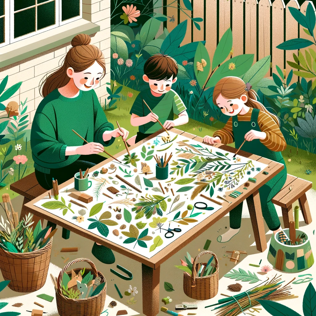 A child arranging autumn leaves and petals into a picture on card.