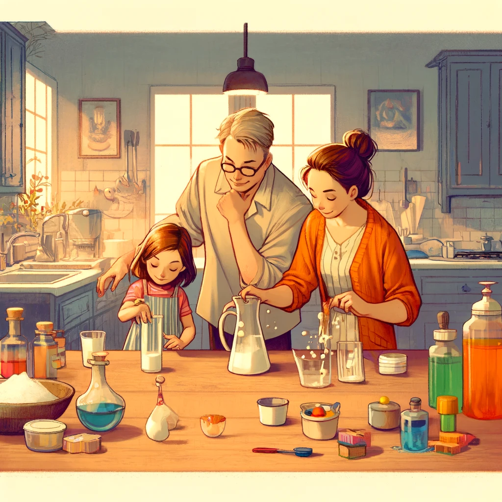Children watching a fizzing bicarbonate volcano erupt over a kitchen tray.