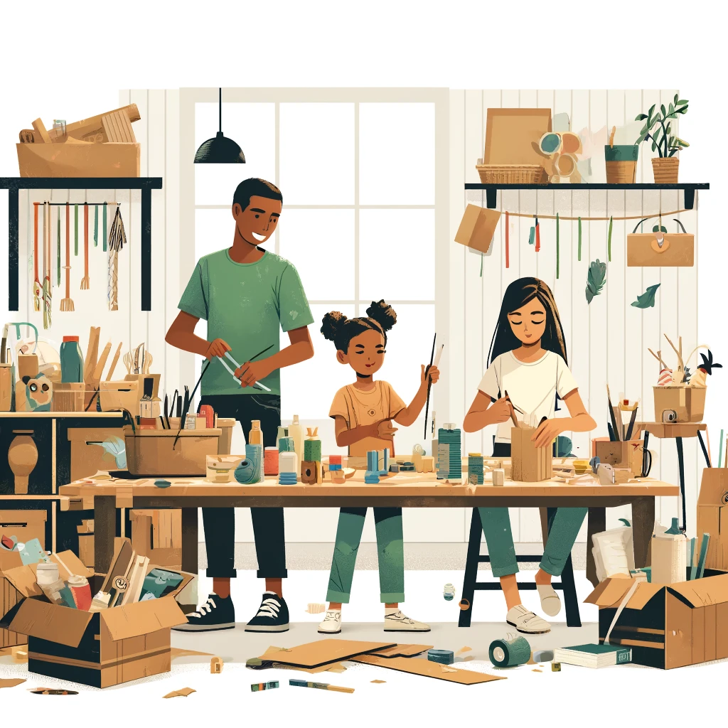 Children pressing seed paper pulp and decorating tin can lanterns at a craft table.