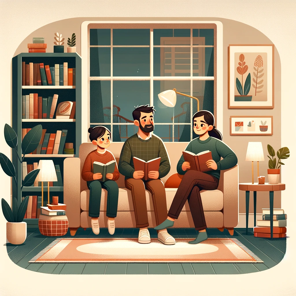 A family reading together around a plate of biscuits at a kitchen table book club.
