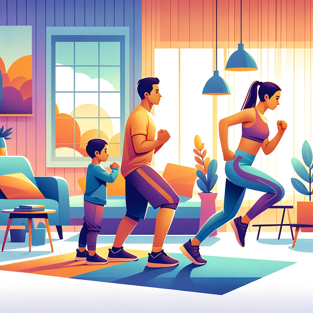 A family doing star jumps together in a living room beside a hand-drawn move chart.