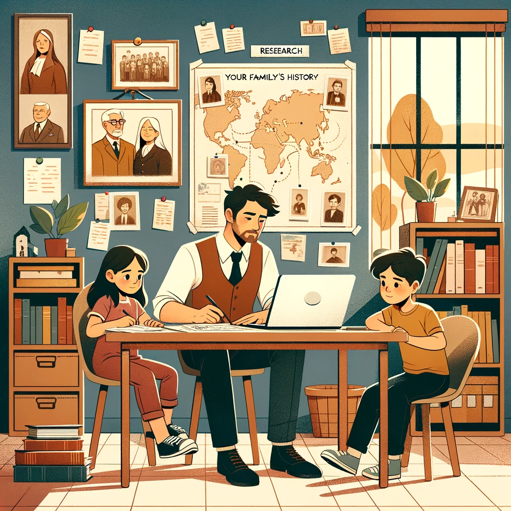Children pinning old family photographs and string connections to a homemade family tree wall.