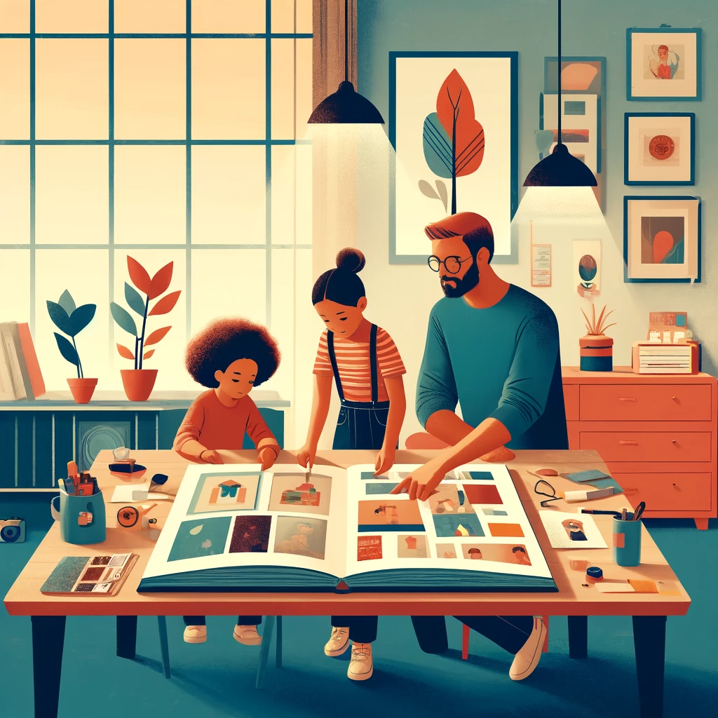 A family gluing photographs and ticket stubs into a big handmade scrapbook.