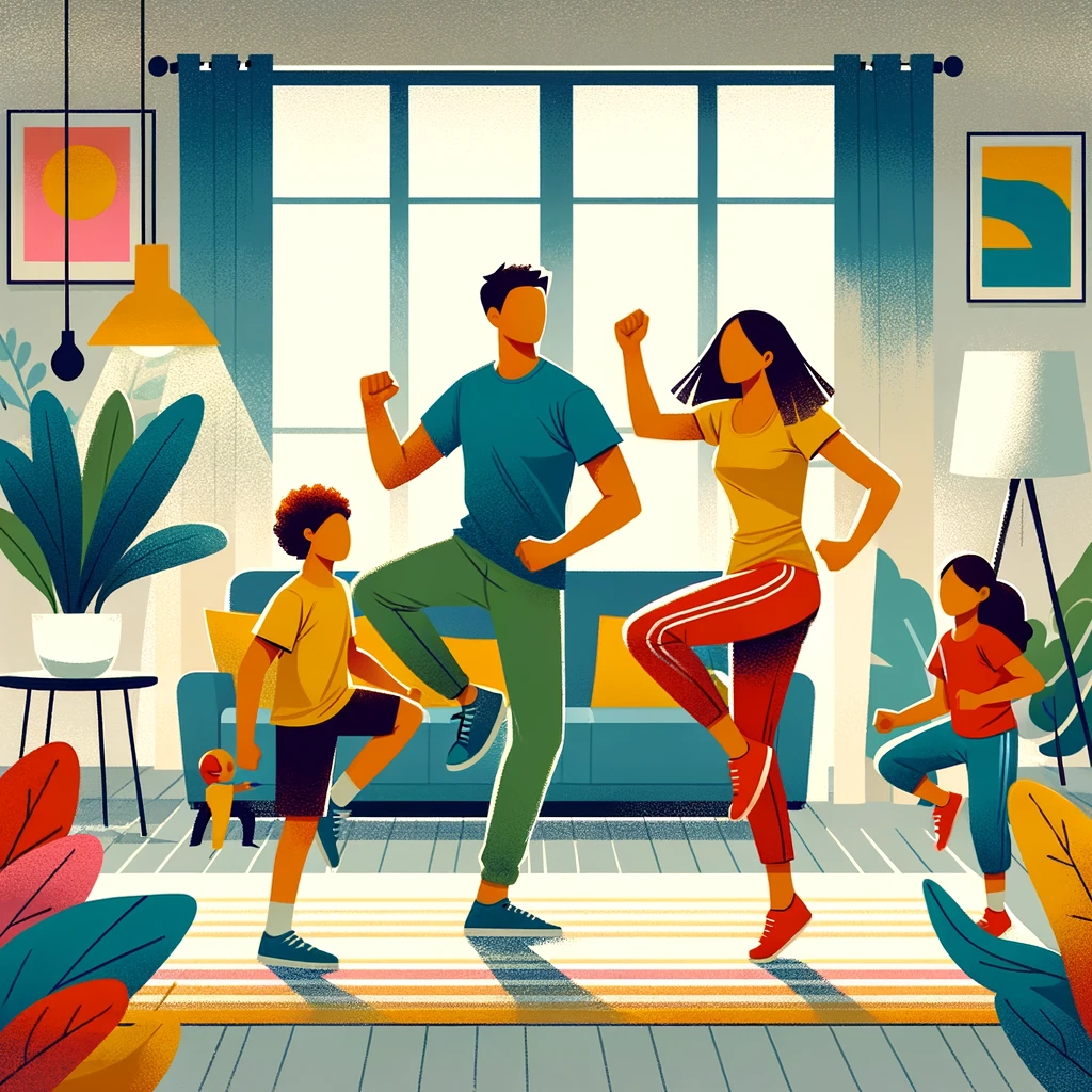 A family mid-dance in a living room, copying a childs move together.