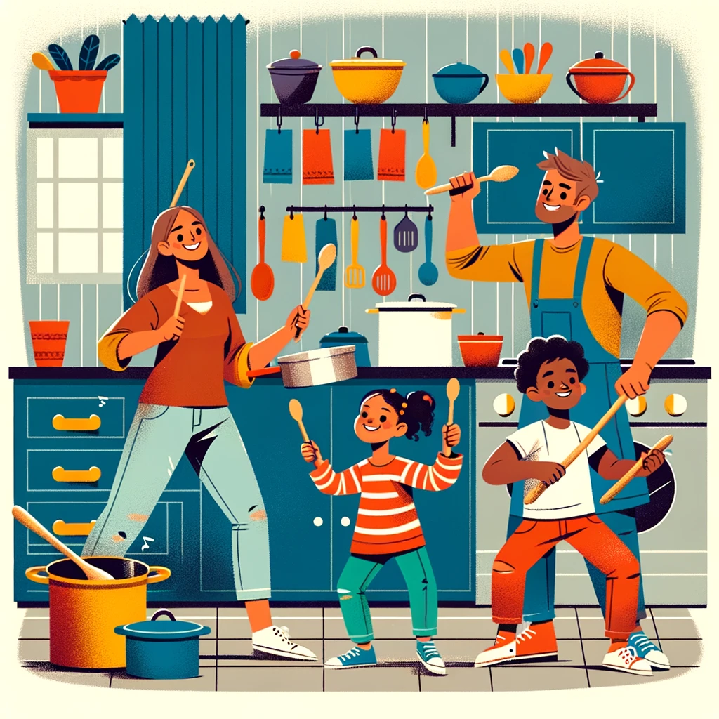 Toddlers and children drumming on saucepans with wooden spoons in a kitchen.