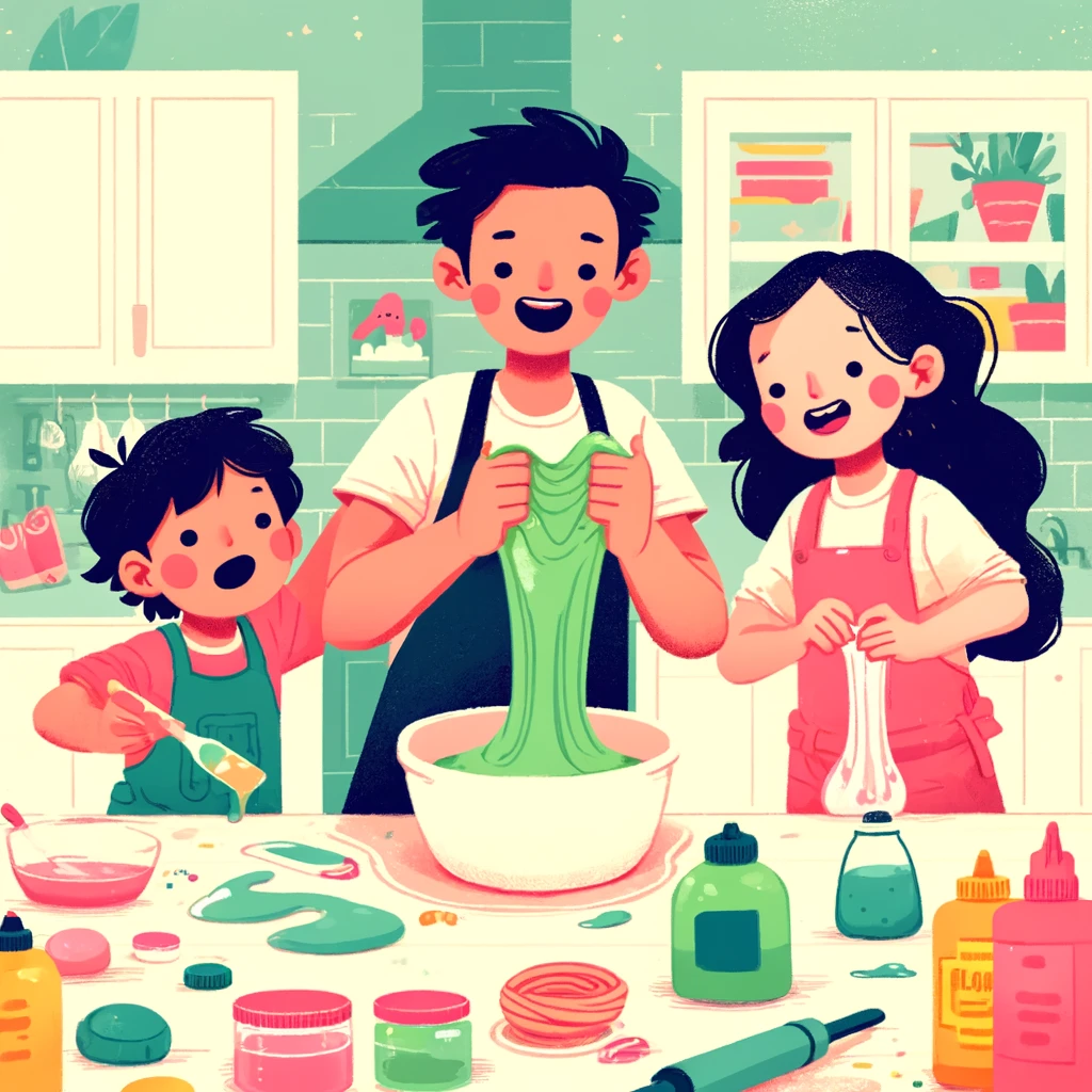 Children stretching bright green homemade slime between their hands over a tray.