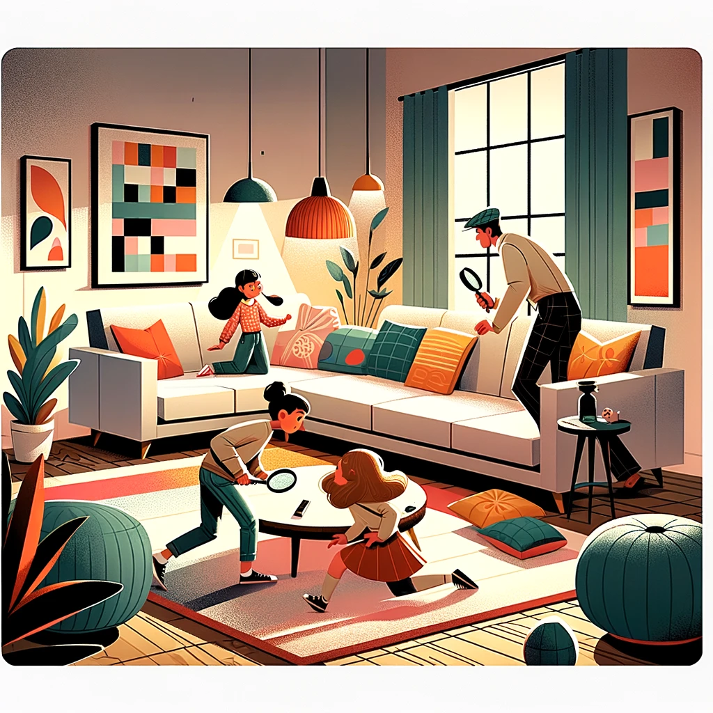 Children racing through a living room with baskets, hunting scavenger list items.