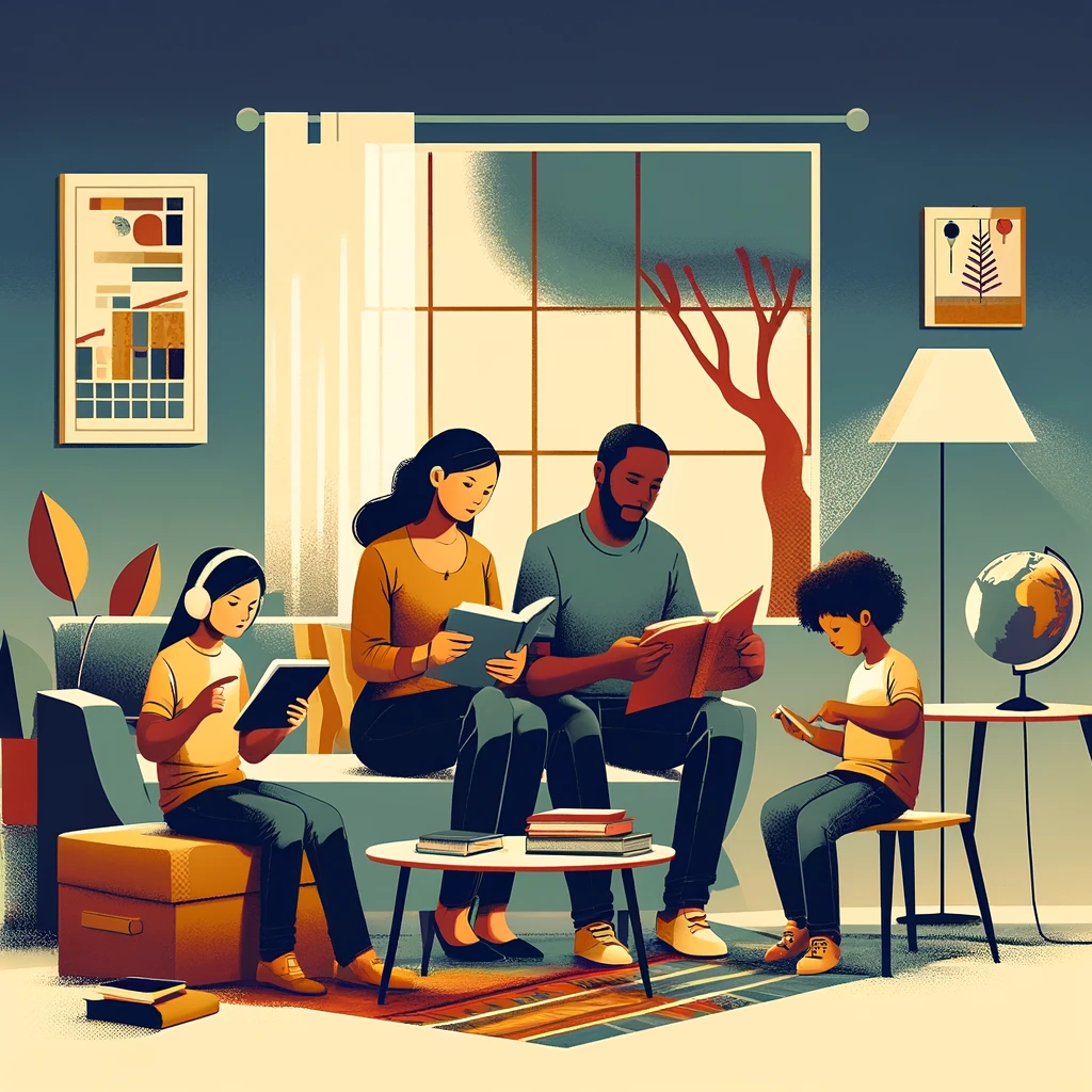 A family at a table with sticky-note word labels and a phrasebook, mid language game.