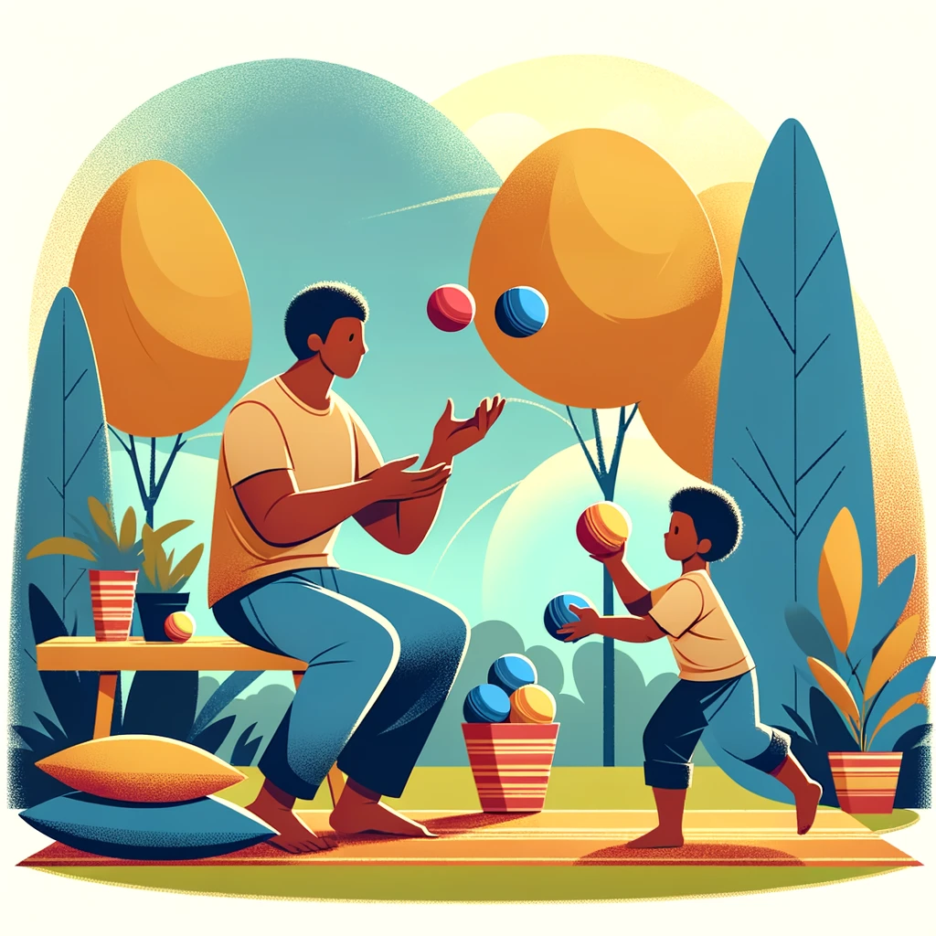 A child mid two-ball exchange, eyes forward, practising juggling behind a sofa.