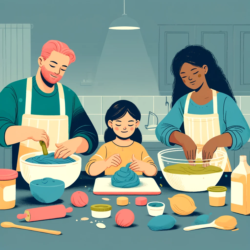 A child kneading bright homemade playdough beside measuring cups and a saucepan.