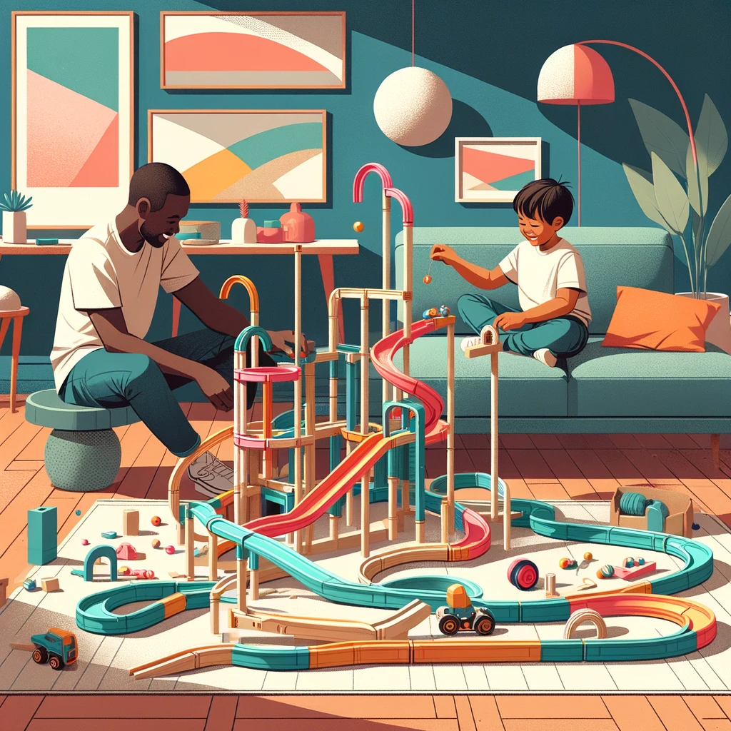 Children taping cardboard tube tracks down a staircase for a marble run.