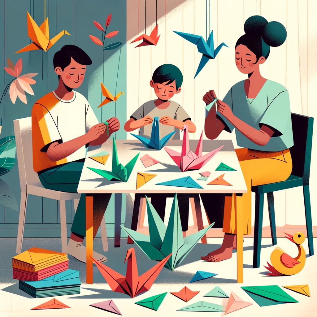 Children folding origami frogs and dog faces at a table full of paper animals.