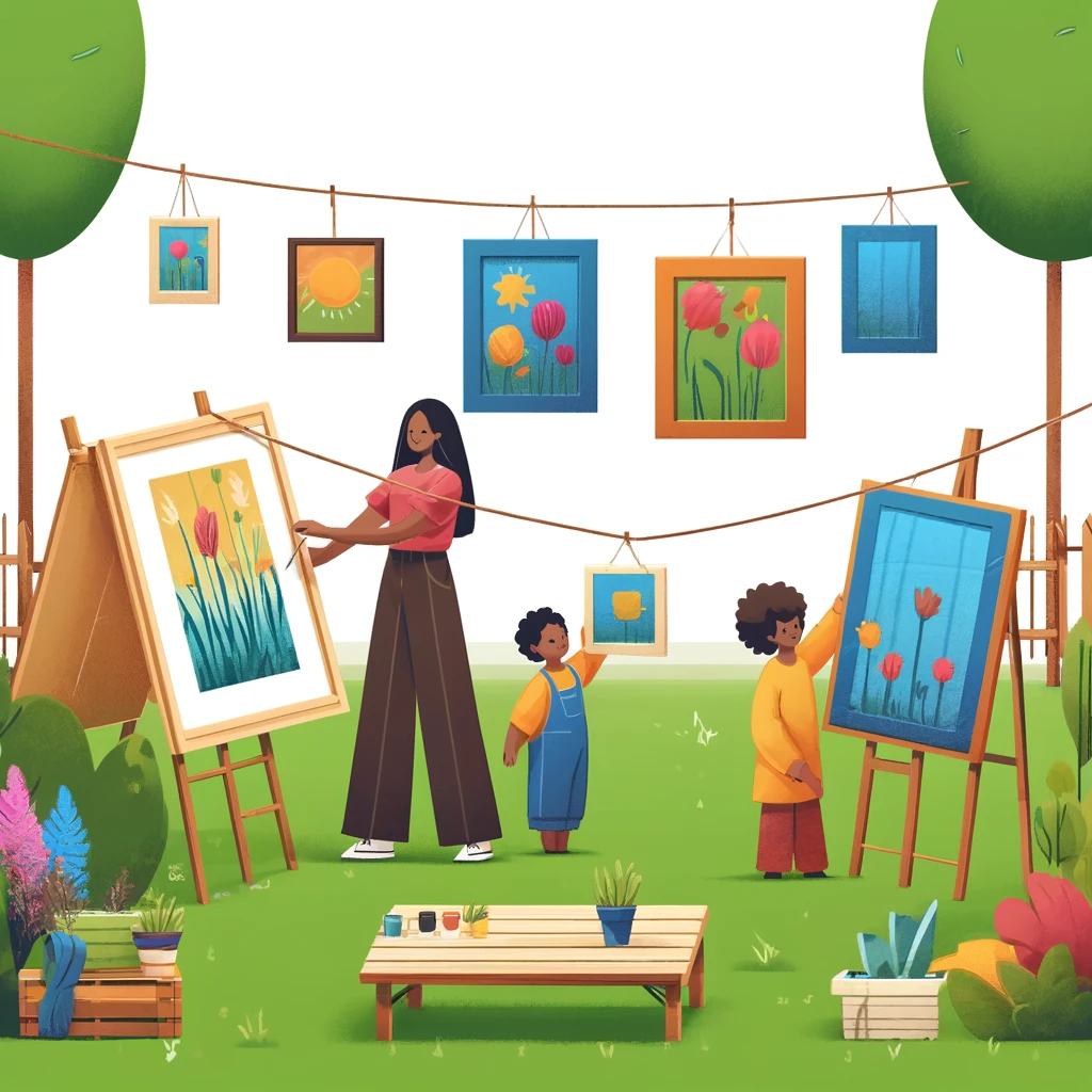 Paintings pegged along a garden washing line for a childrens outdoor art exhibition.