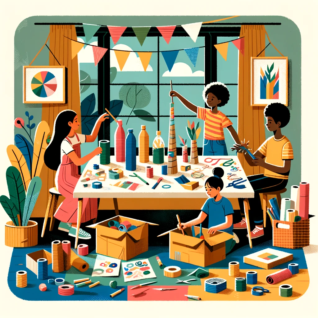 Children building robots and rockets from cardboard boxes and tubes at a craft table.