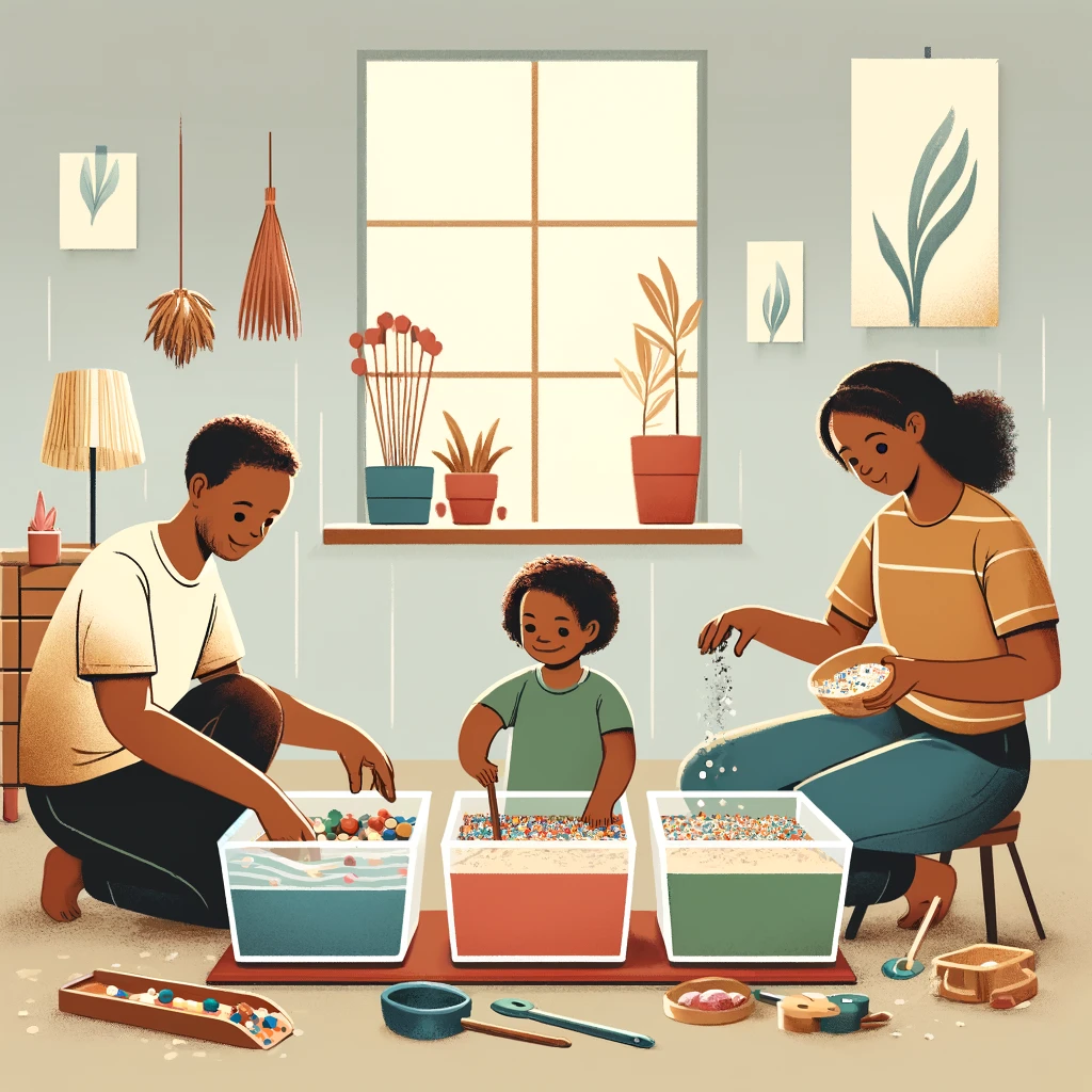 A toddler scooping and pouring dry rice between pots in a sensory bin.