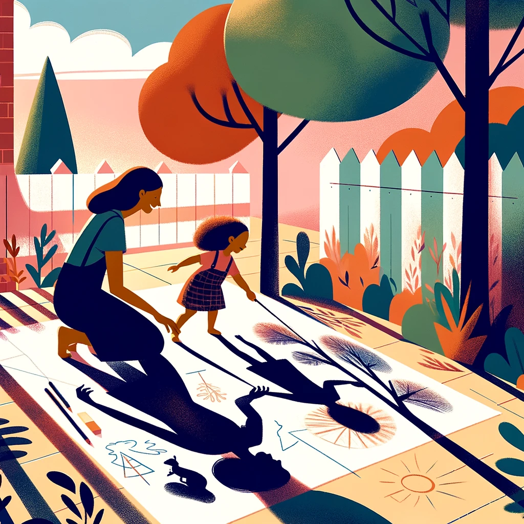 A child tracing the long shadow of a toy dinosaur onto paper in the sun.