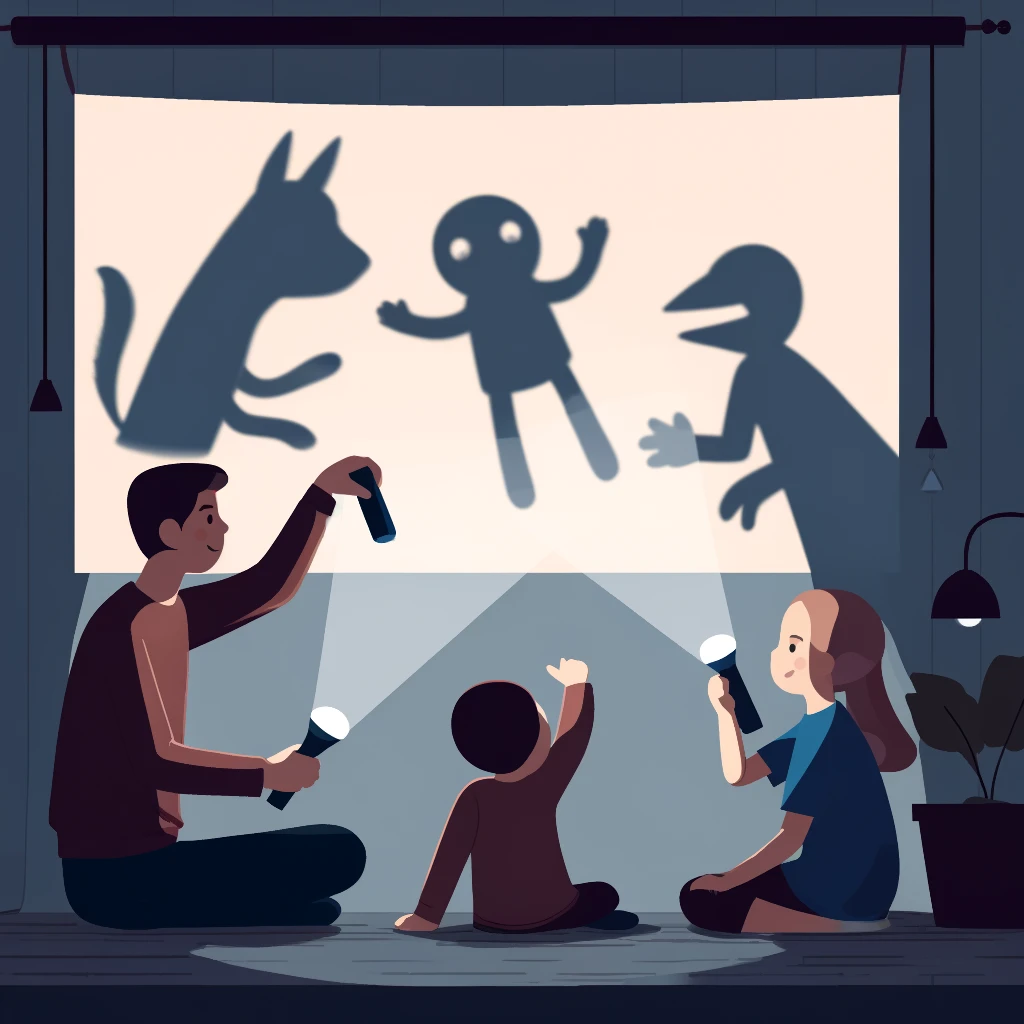 Card puppet silhouettes performing against a torch-lit sheet screen.