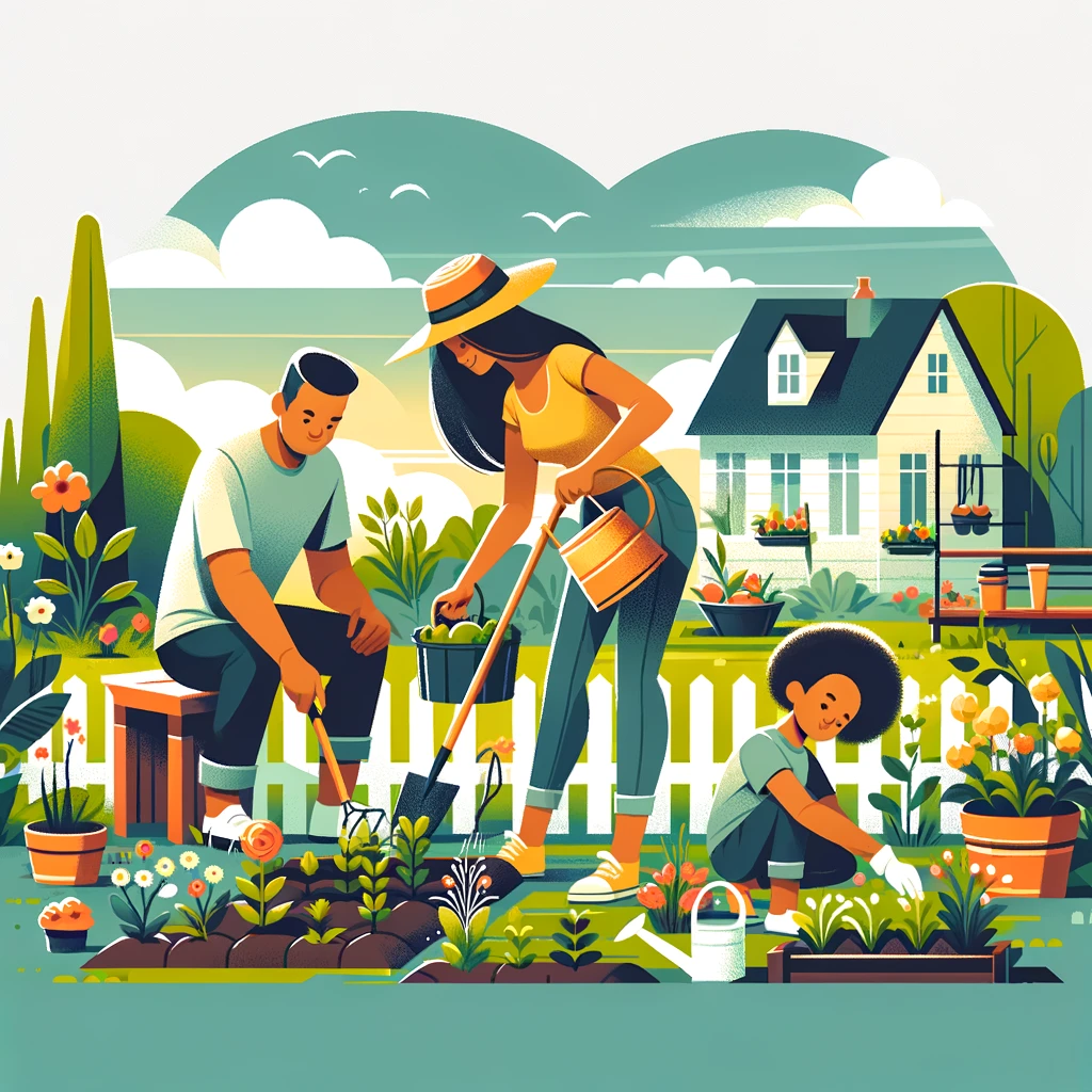 Children planting seedlings in a small garden patch with trowels and a watering can.