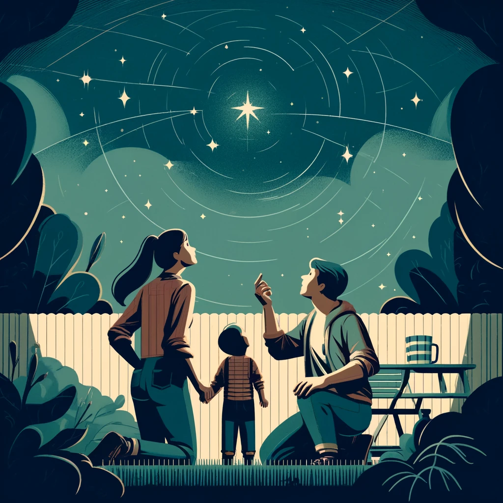 Children comparing a hand-drawn constellation card against the night sky by red torchlight.