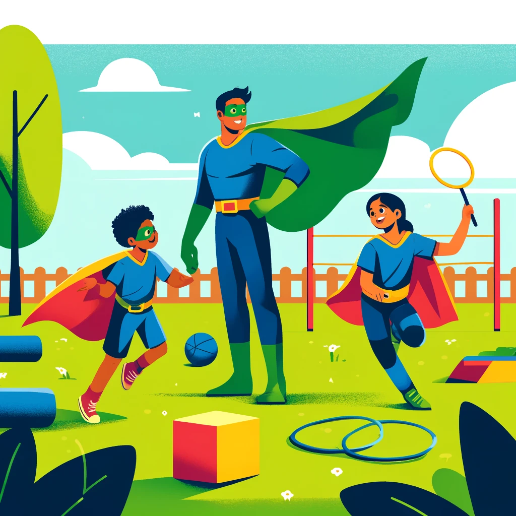 Children in homemade capes and masks mid-leap on a cushion training course.