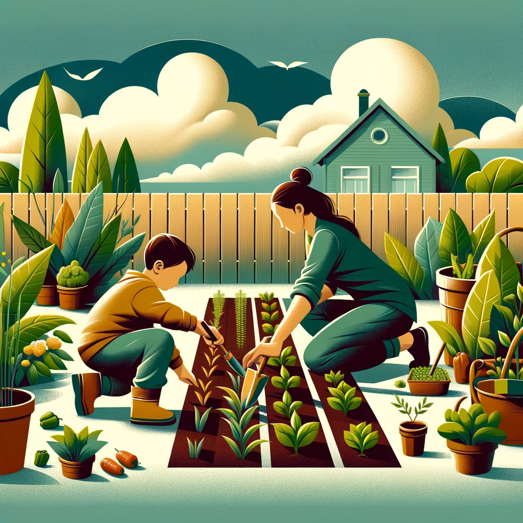 Children planting vegetable seedlings in labelled rows in a garden patch.