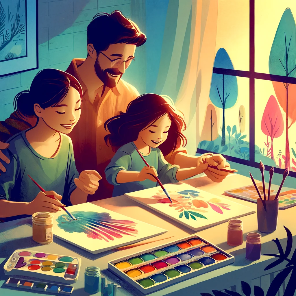 A child touching colour into wet paper as watercolour blooms spread.